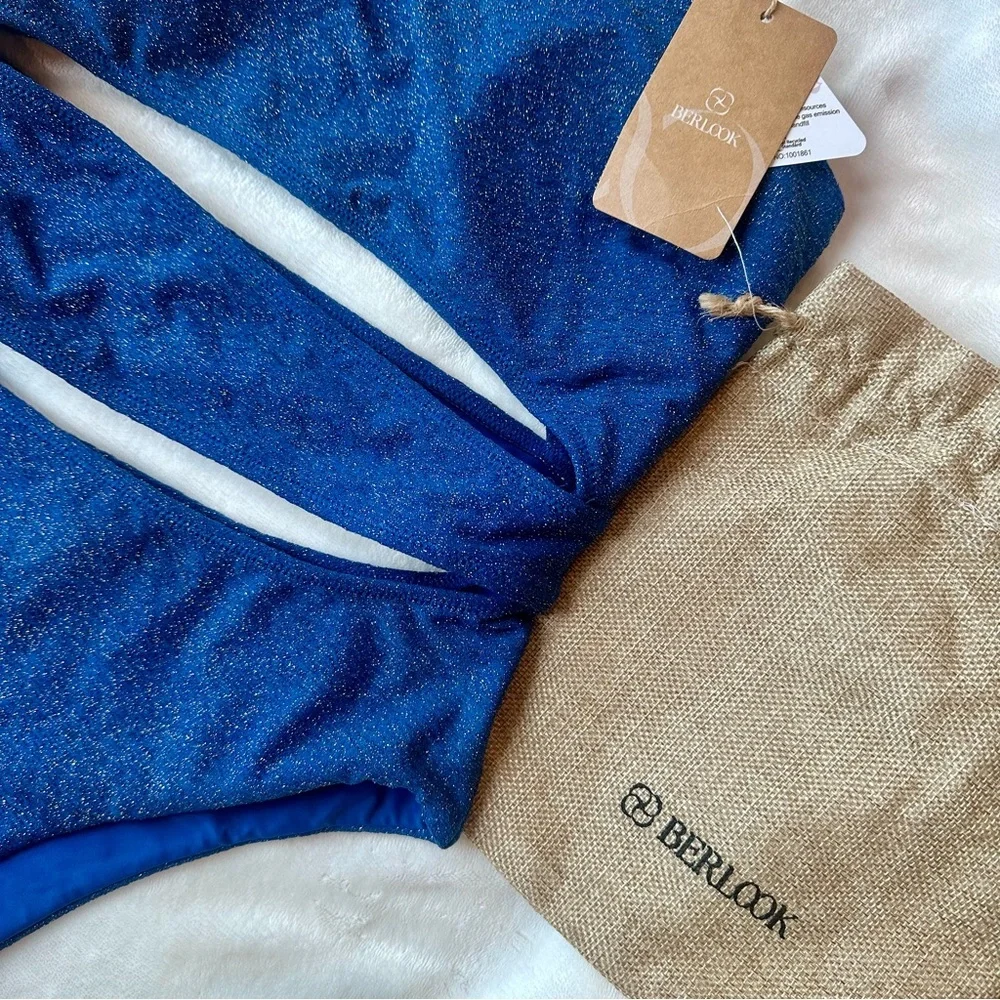 Berlook Blue Lurex Cut Out One-Piece Swimsuit NEW Medium - Picture 3 of 6